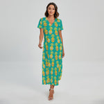 Pineapple Emoji Pattern Print Short Sleeve Maxi Dress