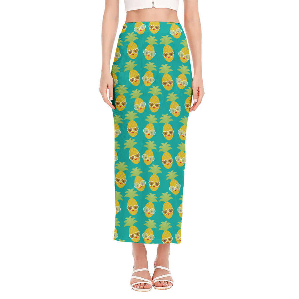 Pineapple Emoji Pattern Print Side Slit Maxi Skirt