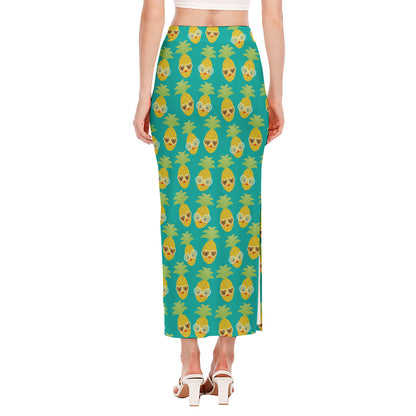 Pineapple Emoji Pattern Print Side Slit Maxi Skirt