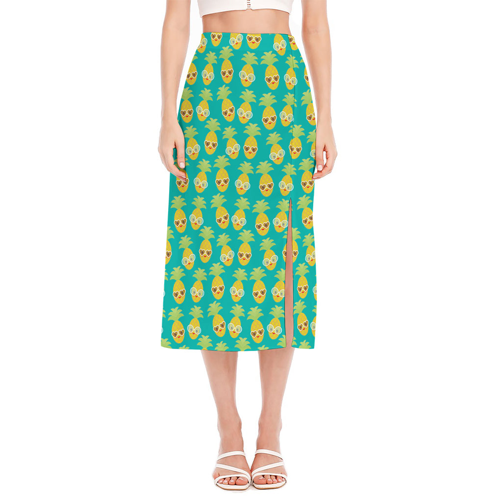 Pineapple Emoji Pattern Print Side Slit Midi Skirt