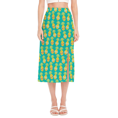 Pineapple Emoji Pattern Print Side Slit Midi Skirt