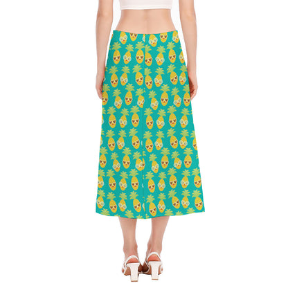 Pineapple Emoji Pattern Print Side Slit Midi Skirt