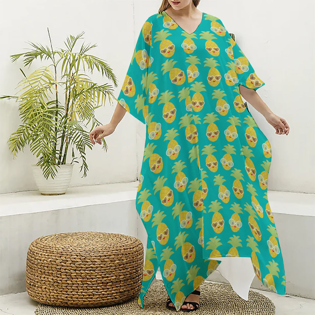 Pineapple Emoji Pattern Print Silk V-Neck Kaftan Dress