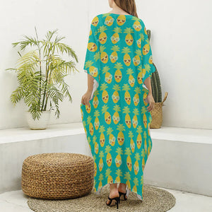 Pineapple Emoji Pattern Print Silk V-Neck Kaftan Dress