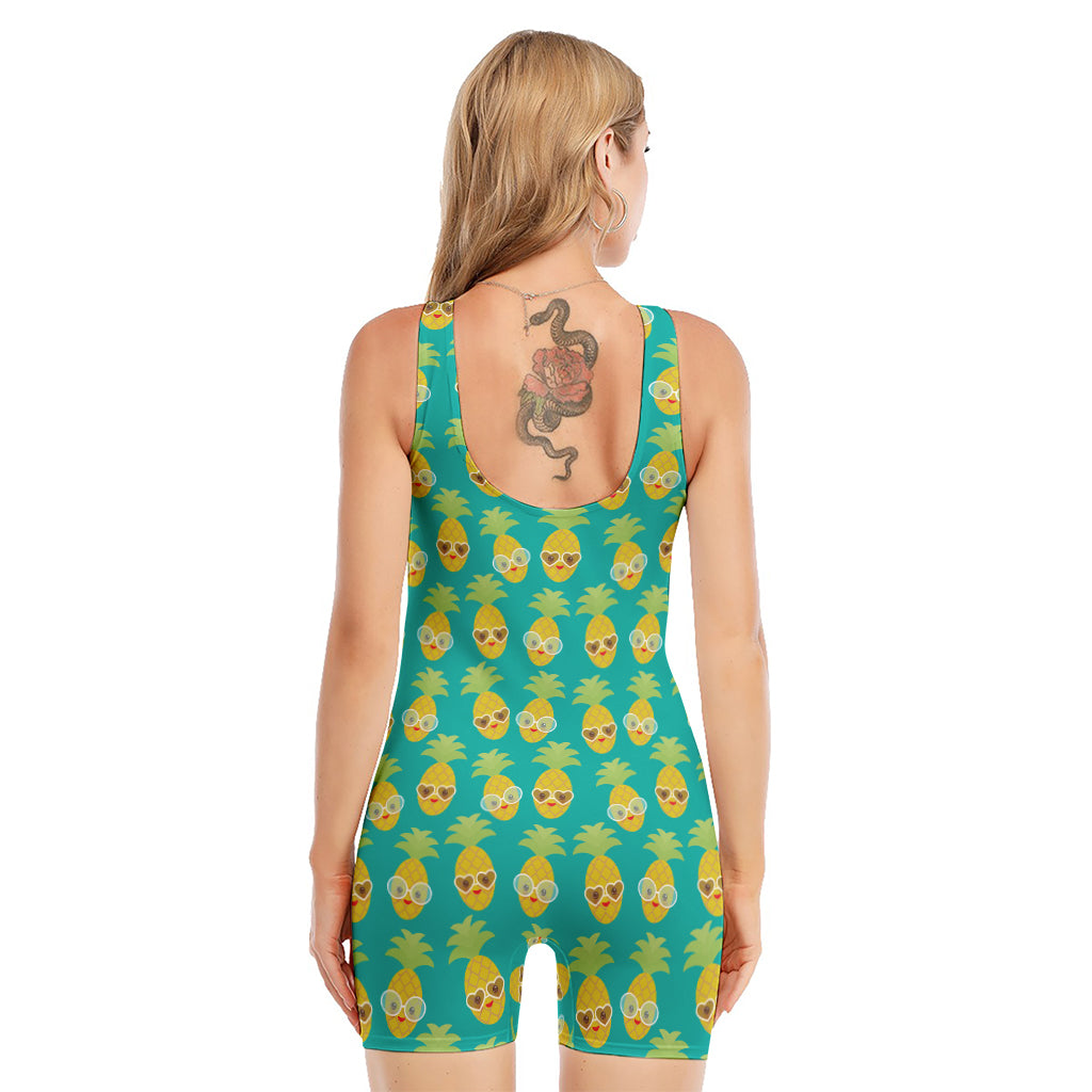 Pineapple Emoji Pattern Print Sleeveless One Piece Swimsuit