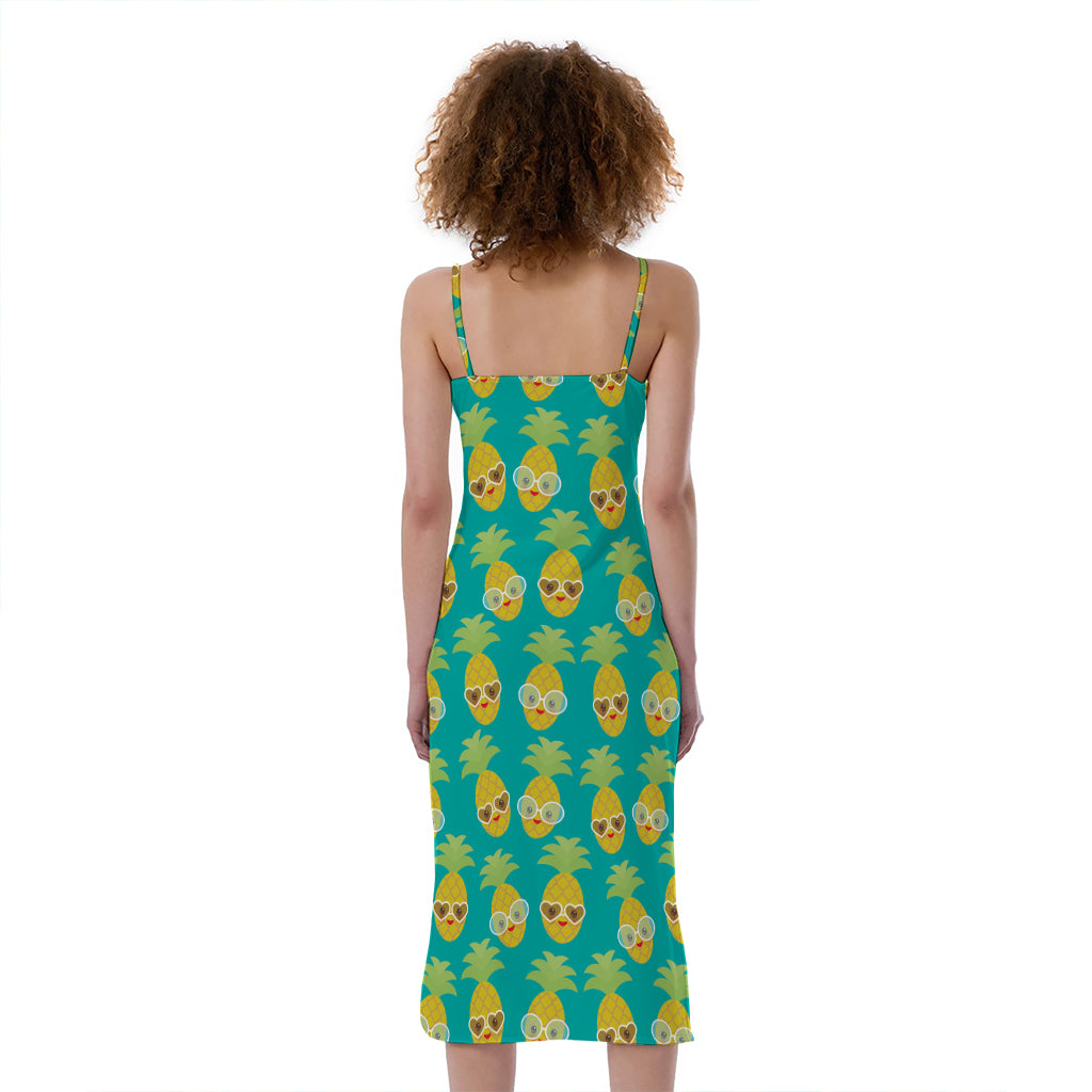 Pineapple Emoji Pattern Print Slim Fit Midi Cami Dress