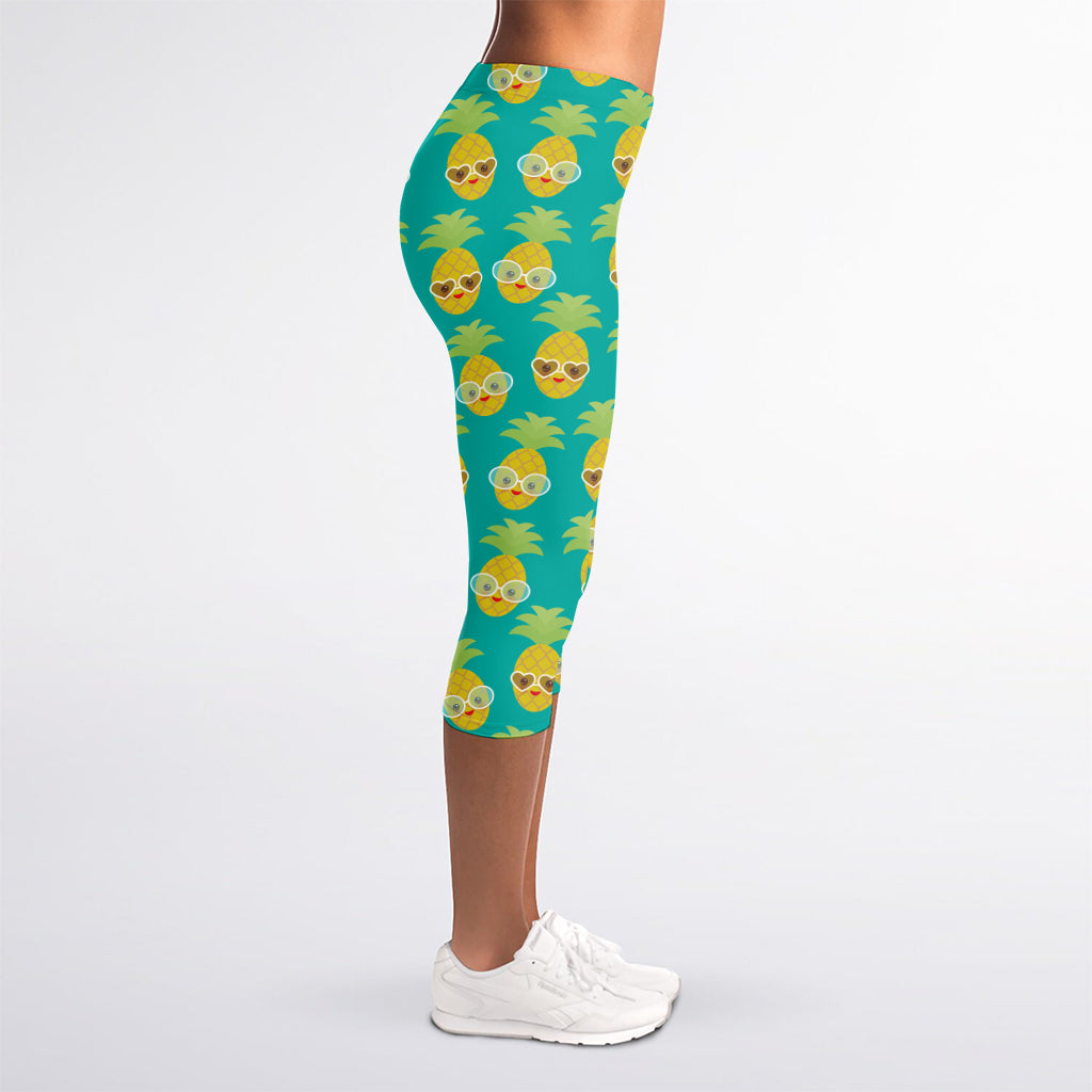 Pineapple Emoji Pattern Print Women's Capri Leggings
