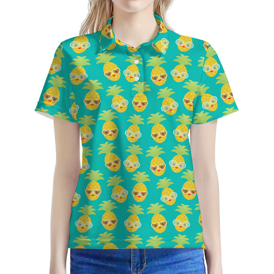 Pineapple Emoji Pattern Print Women's Polo Shirt