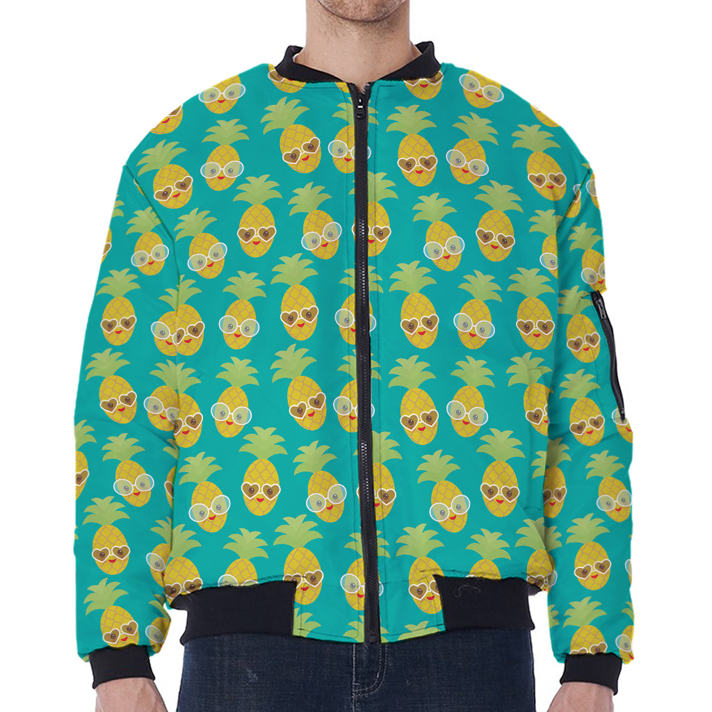 Pineapple Emoji Pattern Print Zip Sleeve Bomber Jacket
