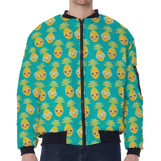 Pineapple Emoji Pattern Print Zip Sleeve Bomber Jacket
