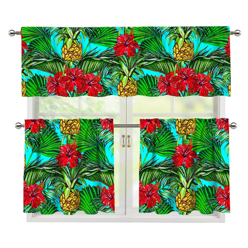 Pineapple Hibiscus Hawaii Pattern Print 3 Piece Kitchen Curtains