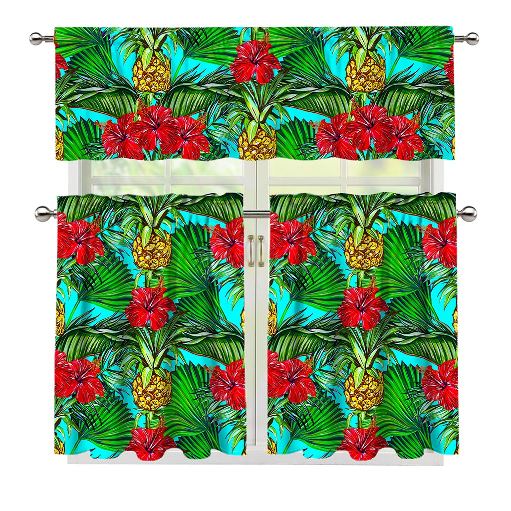 Pineapple Hibiscus Hawaii Pattern Print 3 Piece Kitchen Curtains
