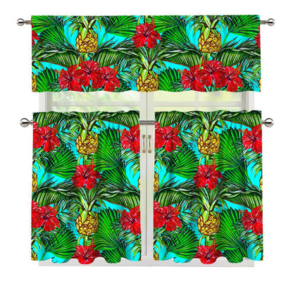 Pineapple Hibiscus Hawaii Pattern Print 3 Piece Kitchen Curtains