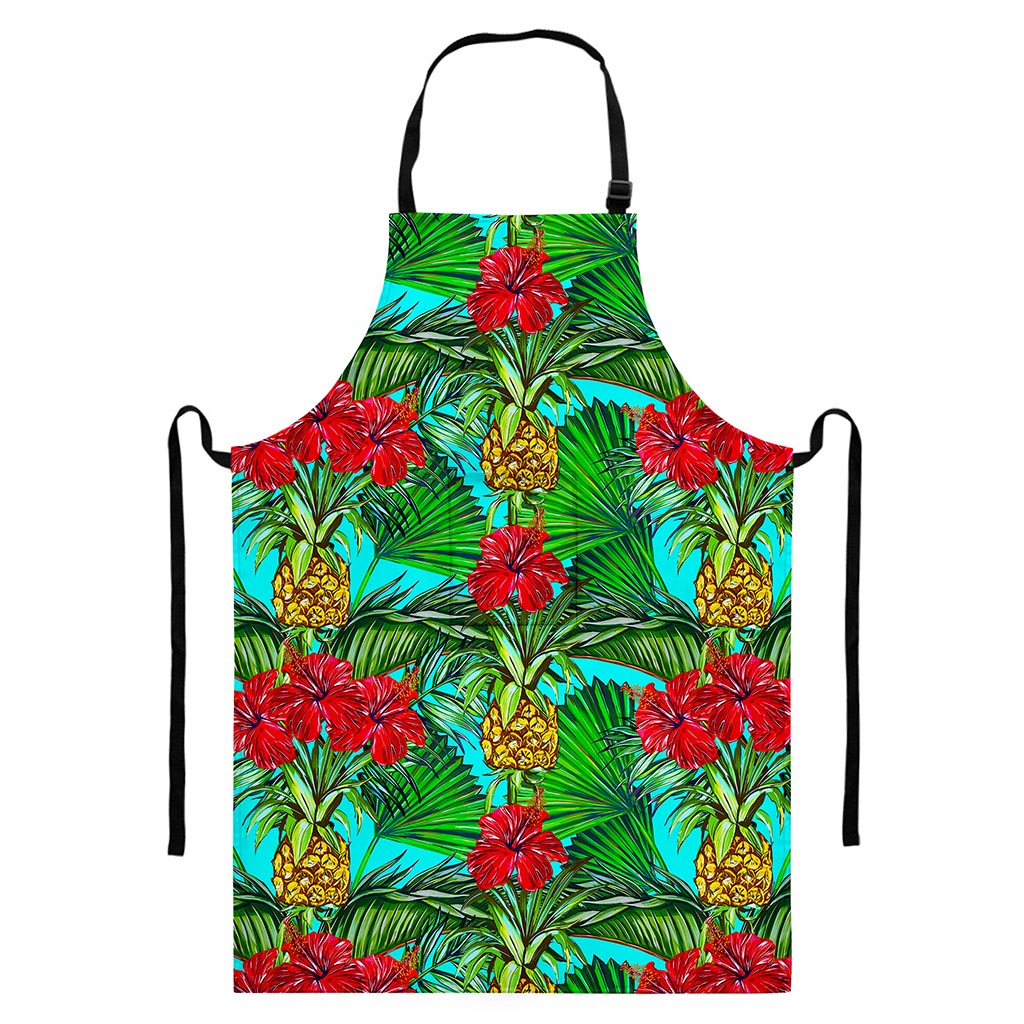 Pineapple Hibiscus Hawaii Pattern Print Bib Apron With Pocket