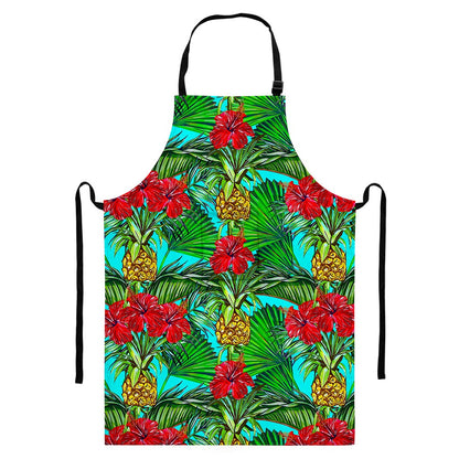 Pineapple Hibiscus Hawaii Pattern Print Bib Apron With Pocket