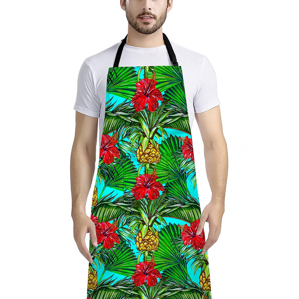 Pineapple Hibiscus Hawaii Pattern Print Bib Apron With Pocket