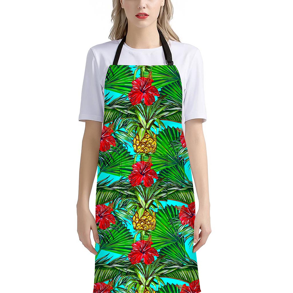 Pineapple Hibiscus Hawaii Pattern Print Bib Apron With Pocket