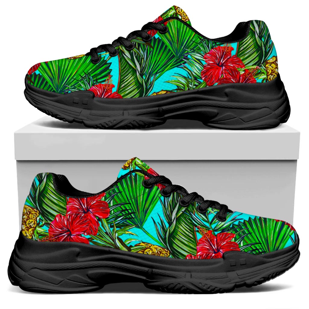 Pineapple Hibiscus Hawaii Pattern Print Black Chunky Shoes