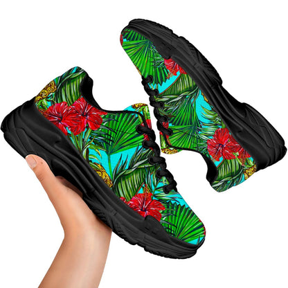 Pineapple Hibiscus Hawaii Pattern Print Black Chunky Shoes