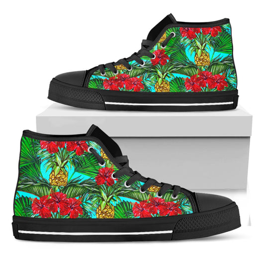 Pineapple Hibiscus Hawaii Pattern Print Black High Top Sneakers