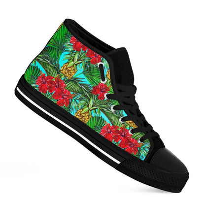 Pineapple Hibiscus Hawaii Pattern Print Black High Top Sneakers