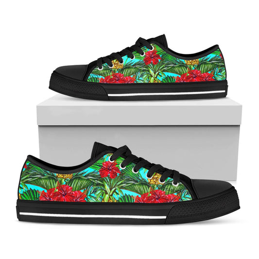Pineapple Hibiscus Hawaii Pattern Print Black Low Top Sneakers