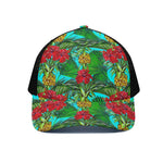 Pineapple Hibiscus Hawaii Pattern Print Black Mesh Trucker Cap