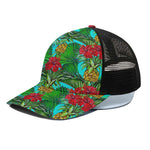 Pineapple Hibiscus Hawaii Pattern Print Black Mesh Trucker Cap