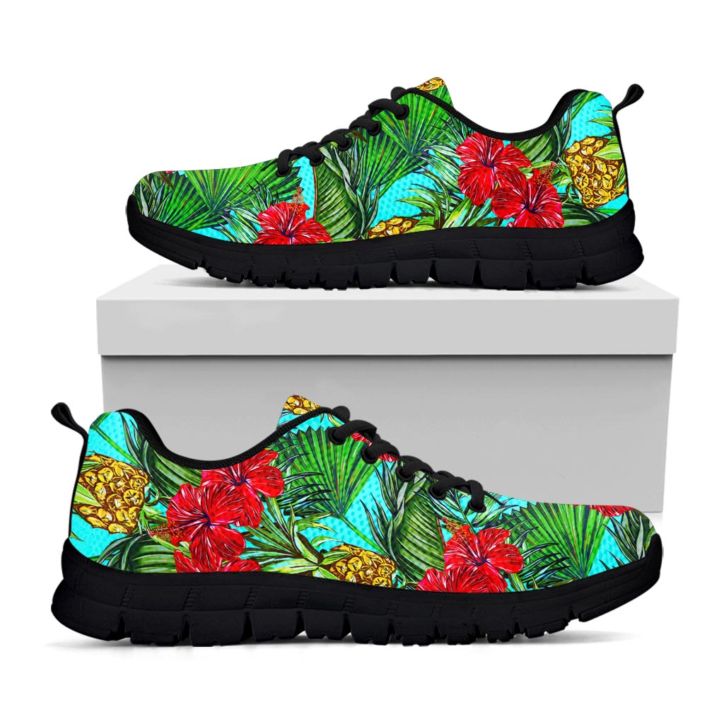 Pineapple Hibiscus Hawaii Pattern Print Black Running Shoes
