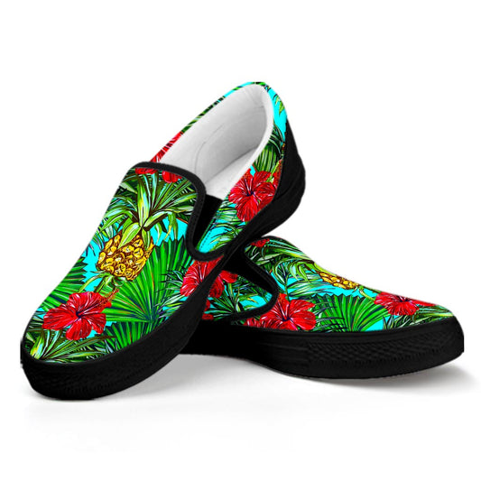 Pineapple Hibiscus Hawaii Pattern Print Black Slip On Sneakers