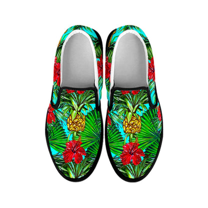 Pineapple Hibiscus Hawaii Pattern Print Black Slip On Sneakers