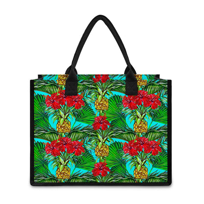 Pineapple Hibiscus Hawaii Pattern Print Canvas Tote Bag
