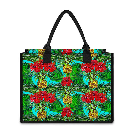 Pineapple Hibiscus Hawaii Pattern Print Canvas Tote Bag