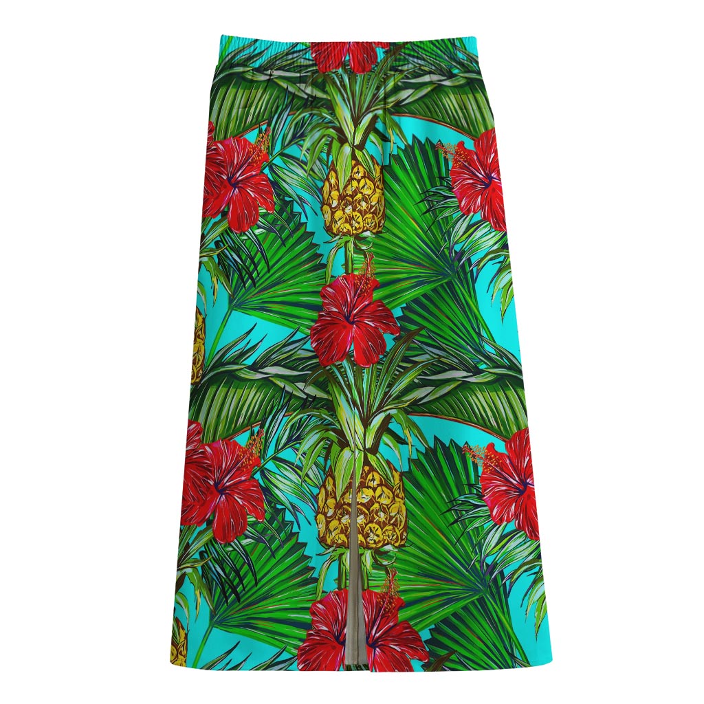 Pineapple Hibiscus Hawaii Pattern Print Cotton Front Slit Maxi Skirt