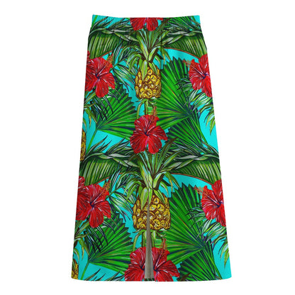 Pineapple Hibiscus Hawaii Pattern Print Cotton Front Slit Maxi Skirt