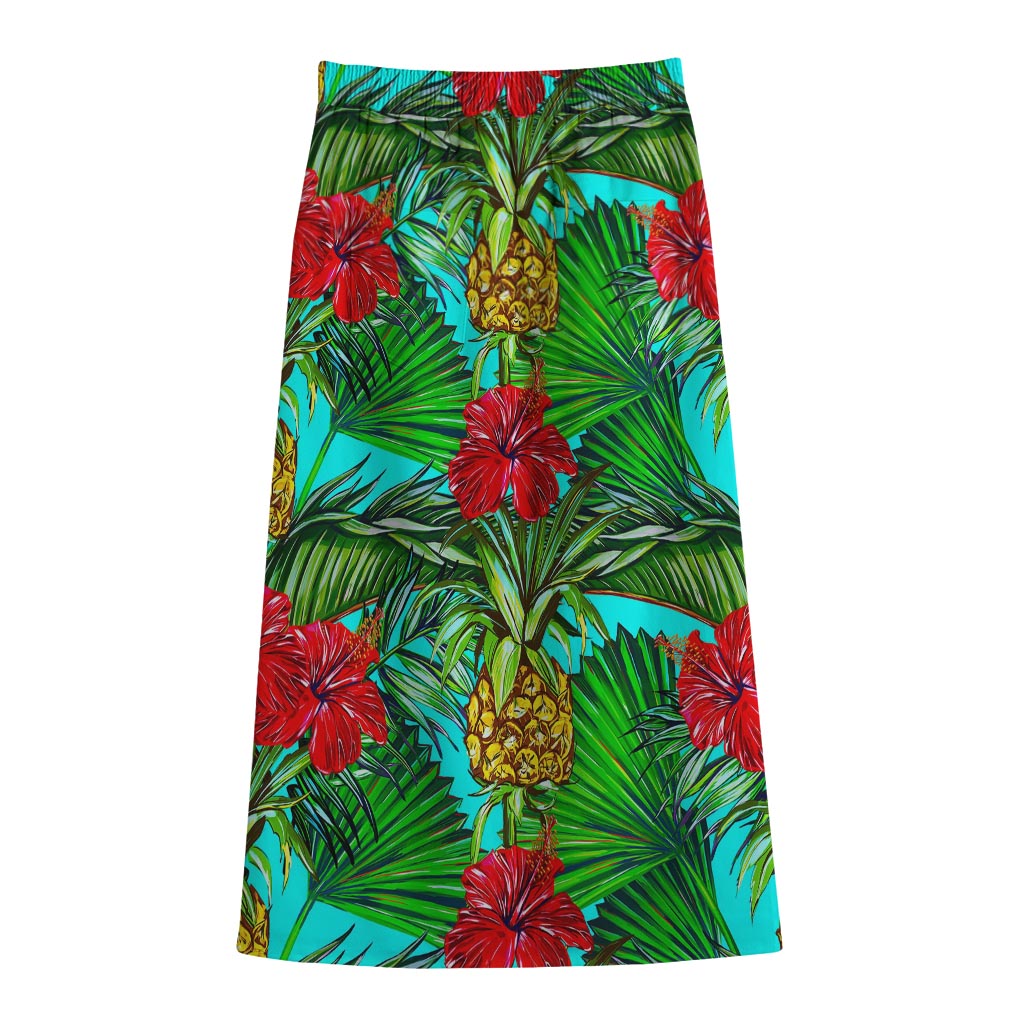 Pineapple Hibiscus Hawaii Pattern Print Cotton Front Slit Maxi Skirt