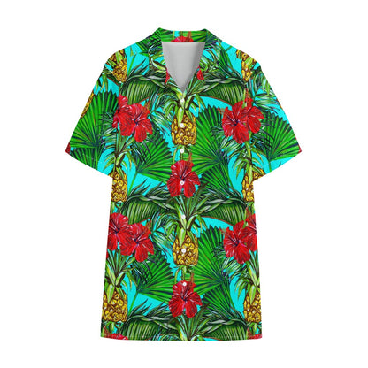 Pineapple Hibiscus Hawaii Pattern Print Cotton Hawaiian Shirt