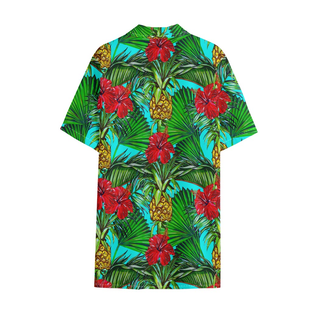 Pineapple Hibiscus Hawaii Pattern Print Cotton Hawaiian Shirt