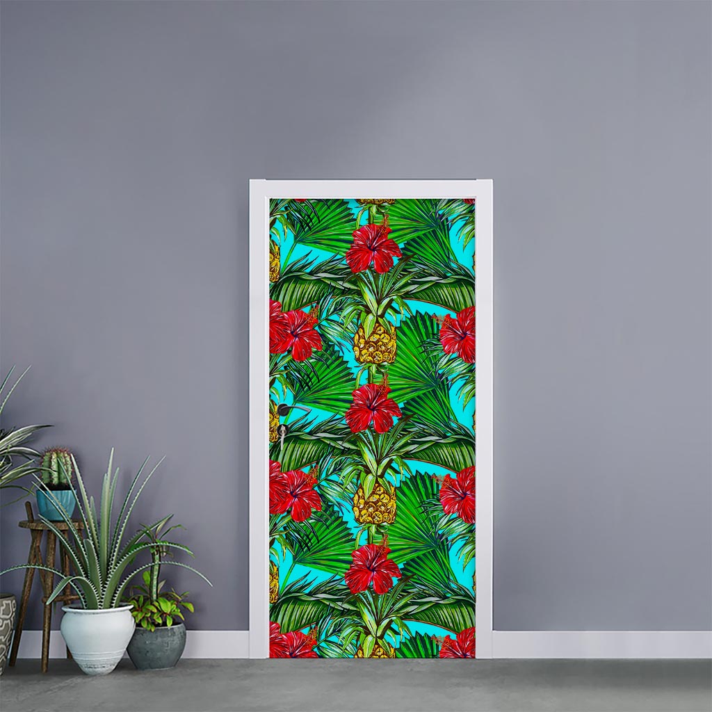 Pineapple Hibiscus Hawaii Pattern Print Door Sticker