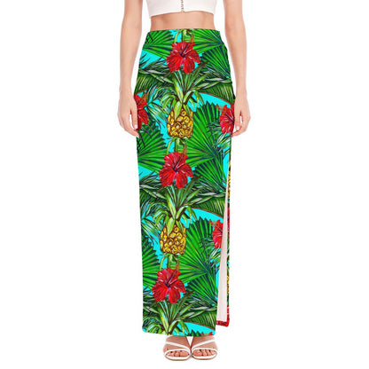 Pineapple Hibiscus Hawaii Pattern Print High Slit Maxi Skirt