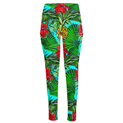 Pineapple Hibiscus Hawaii Pattern Print High-Waisted Pocket Leggings