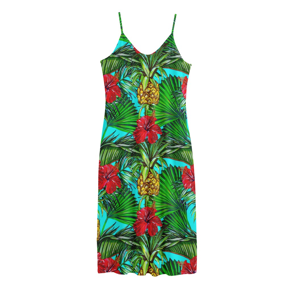 Pineapple Hibiscus Hawaii Pattern Print Jersey Midi Cami Dress