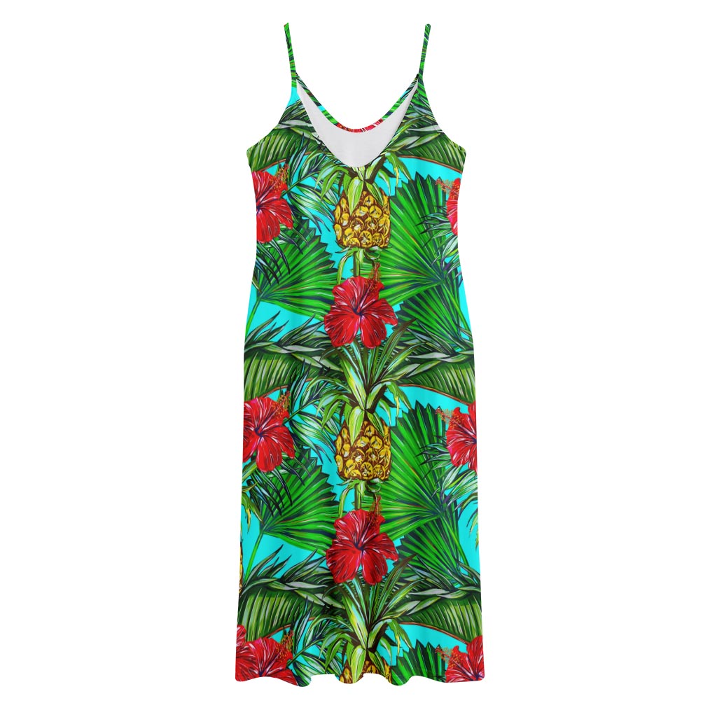 Pineapple Hibiscus Hawaii Pattern Print Jersey Midi Cami Dress