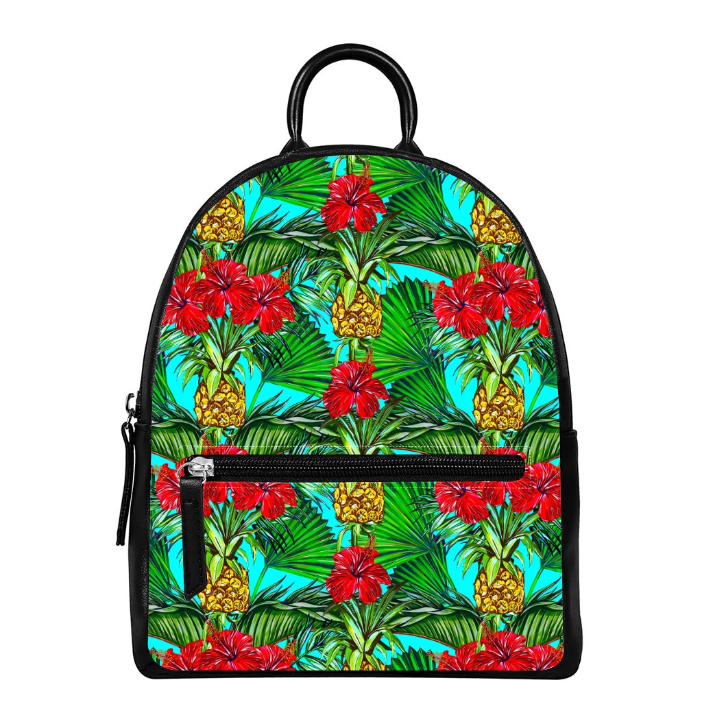Pineapple Hibiscus Hawaii Pattern Print Leather Backpack