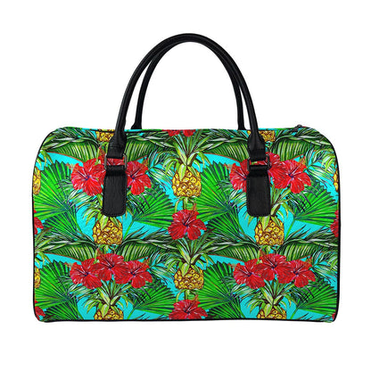 Pineapple Hibiscus Hawaii Pattern Print Leather Duffle Bag
