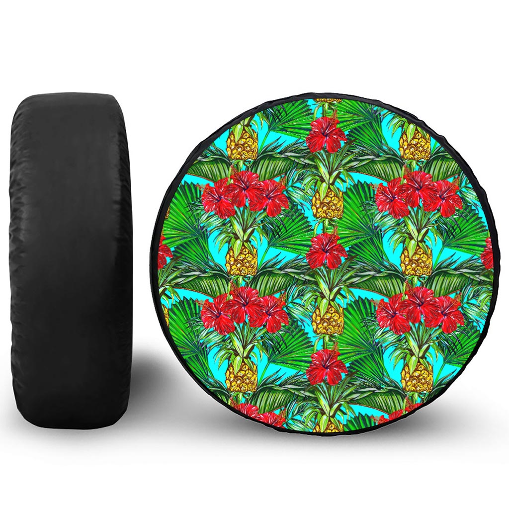 Pineapple Hibiscus Hawaii Pattern Print Leather Spare Tire Cover