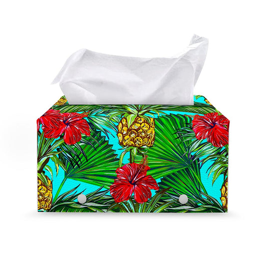 Pineapple Hibiscus Hawaii Pattern Print Leather Tissue Box Cover