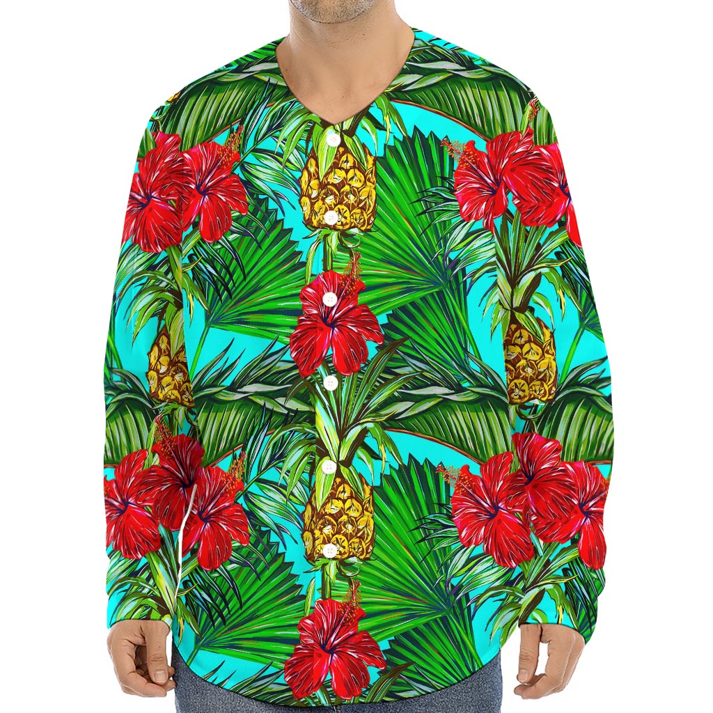 Pineapple Hibiscus Hawaii Pattern Print Long Sleeve Baseball Jersey
