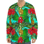 Pineapple Hibiscus Hawaii Pattern Print Long Sleeve Baseball Jersey