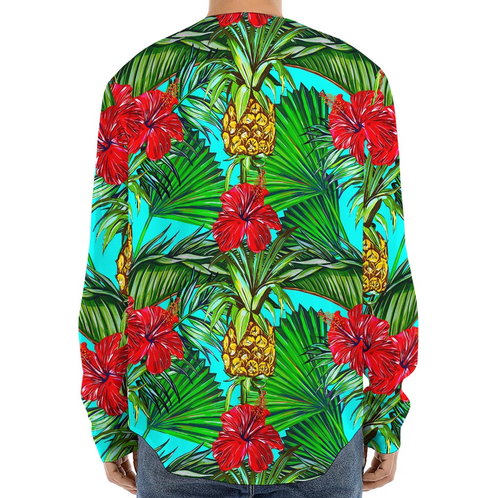 Pineapple Hibiscus Hawaii Pattern Print Long Sleeve Baseball Jersey